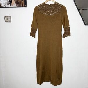 Peruvian Connection Amber Brown Victoriana Dress Pima Cotton Crochet Small